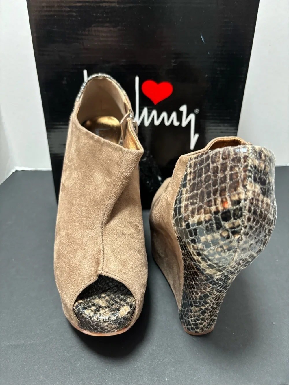 Luichiny Taupe Suede Python Print Peep Toe Platform Wedge Booties Size 8